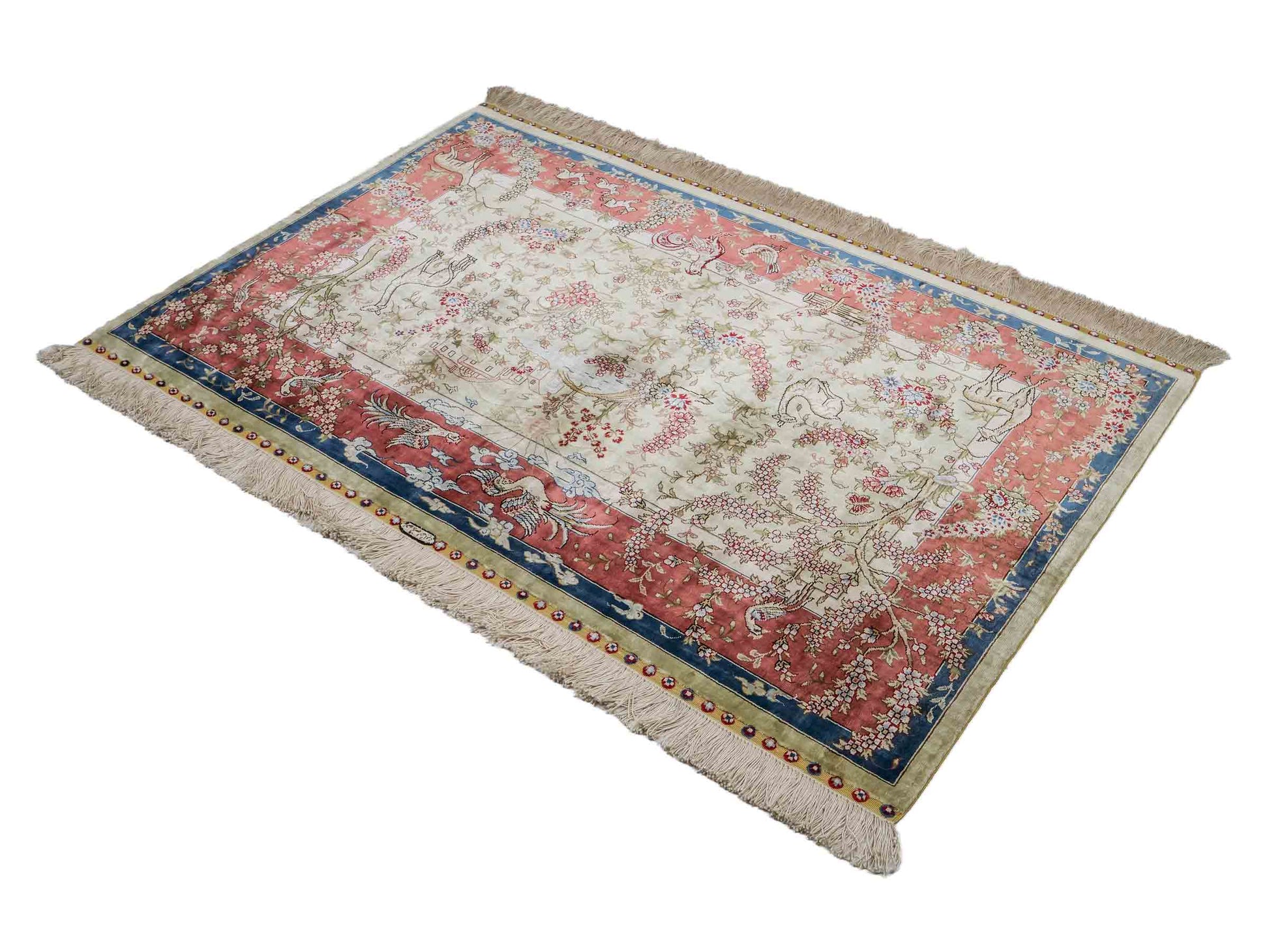 Sehr feiner, handgeknüpfter, chinesischer Ghom Orientteppich aus Seide, creme, rosa, blau. 140x93 cm. Verkauf durch Jupiter Intl.