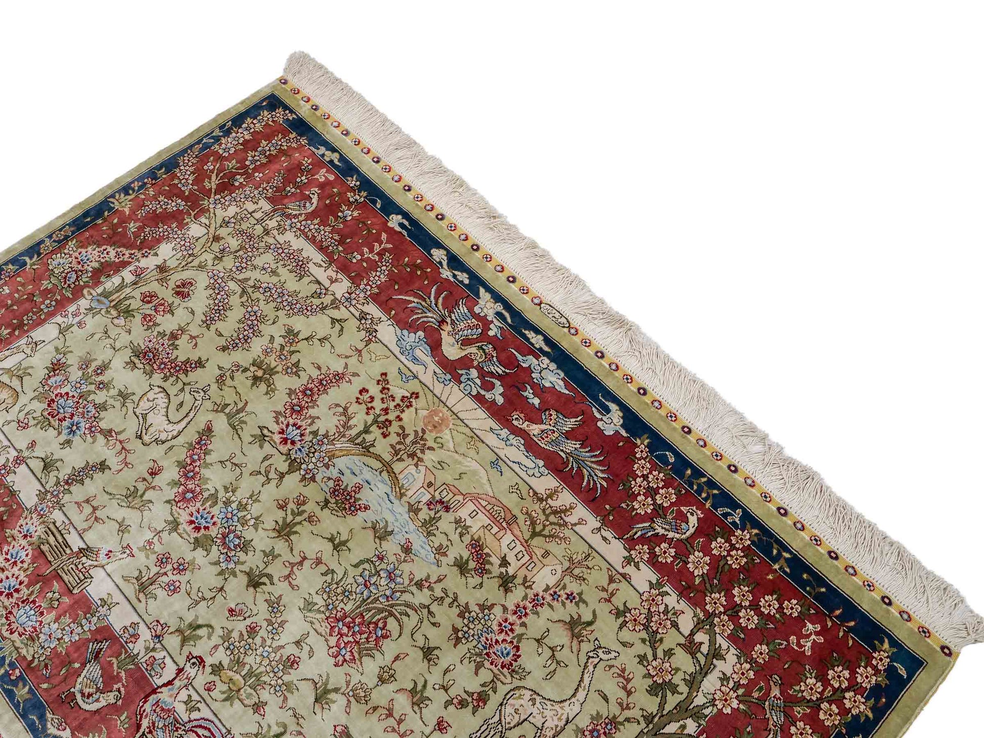 Sehr feiner, handgeknüpfter, chinesischer Ghom Orientteppich aus Seide, creme, rosa, blau. 140x93 cm. Verkauf durch Jupiter Intl.