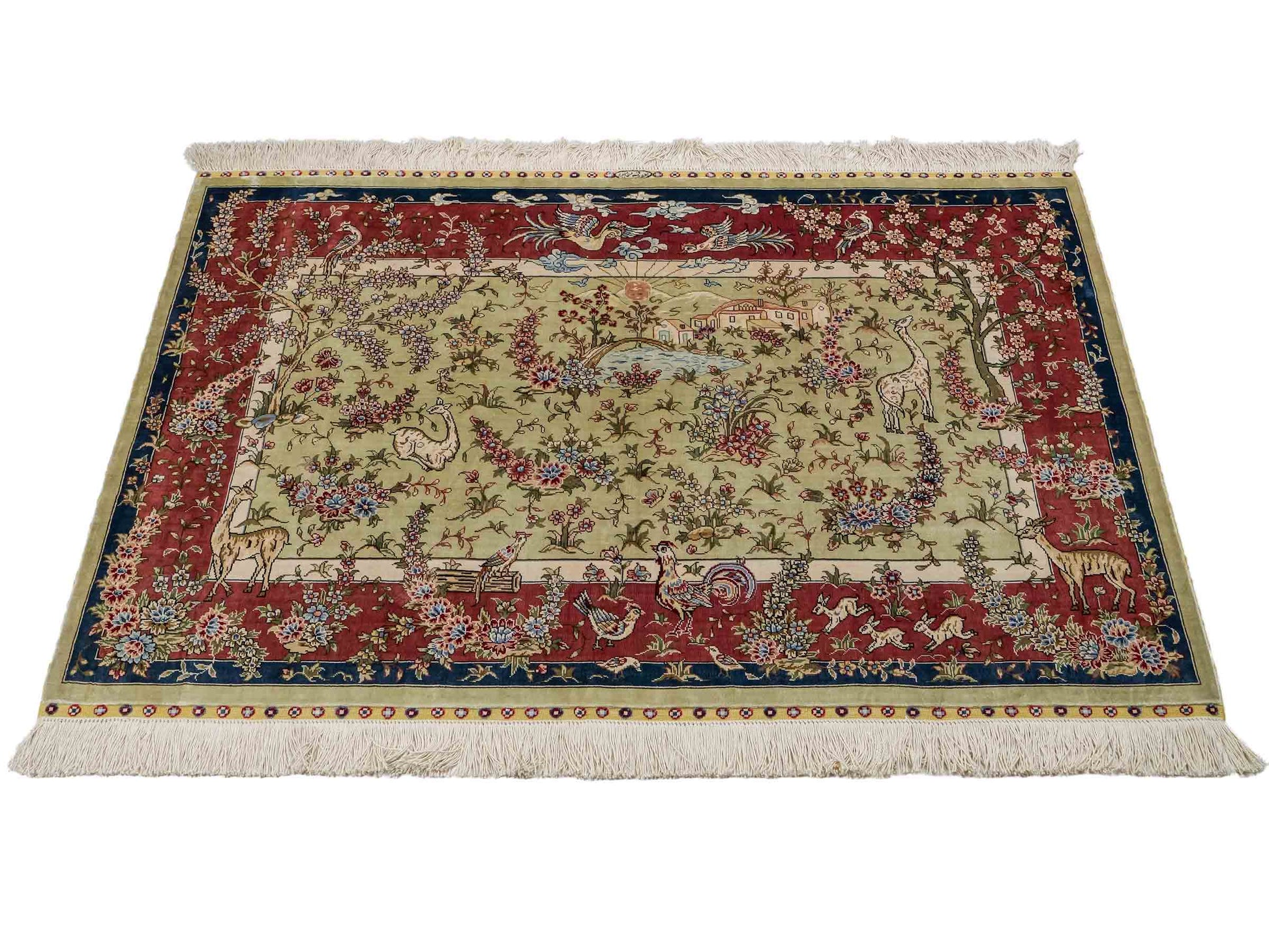 Sehr feiner, handgeknüpfter, chinesischer Ghom Orientteppich aus Seide, creme, rosa, blau. 140x93 cm. Verkauf durch Jupiter Intl.
