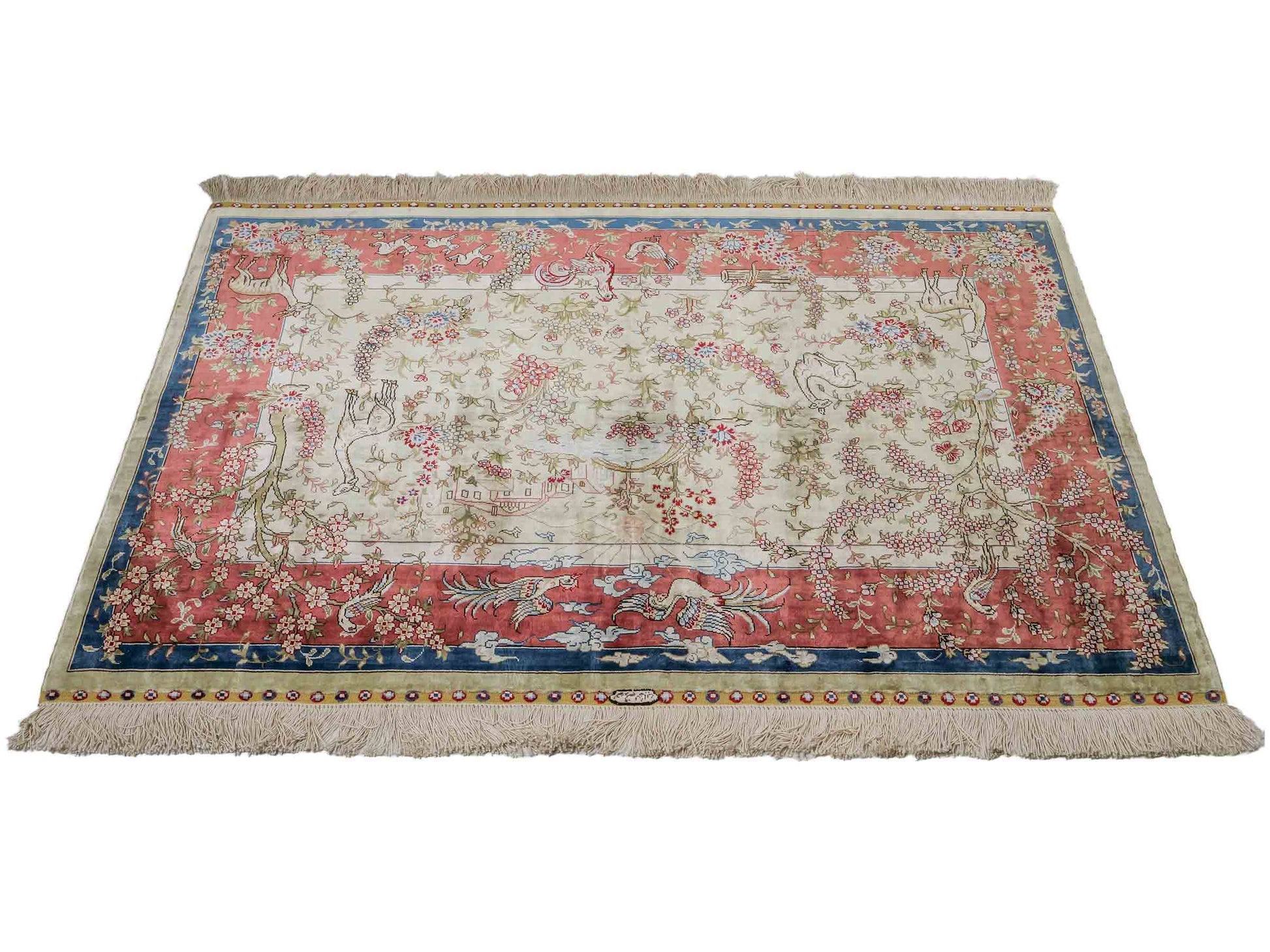 Sehr feiner, handgeknüpfter, chinesischer Ghom Orientteppich aus Seide, creme, rosa, blau. 140x93 cm. Verkauf durch Jupiter Intl.
