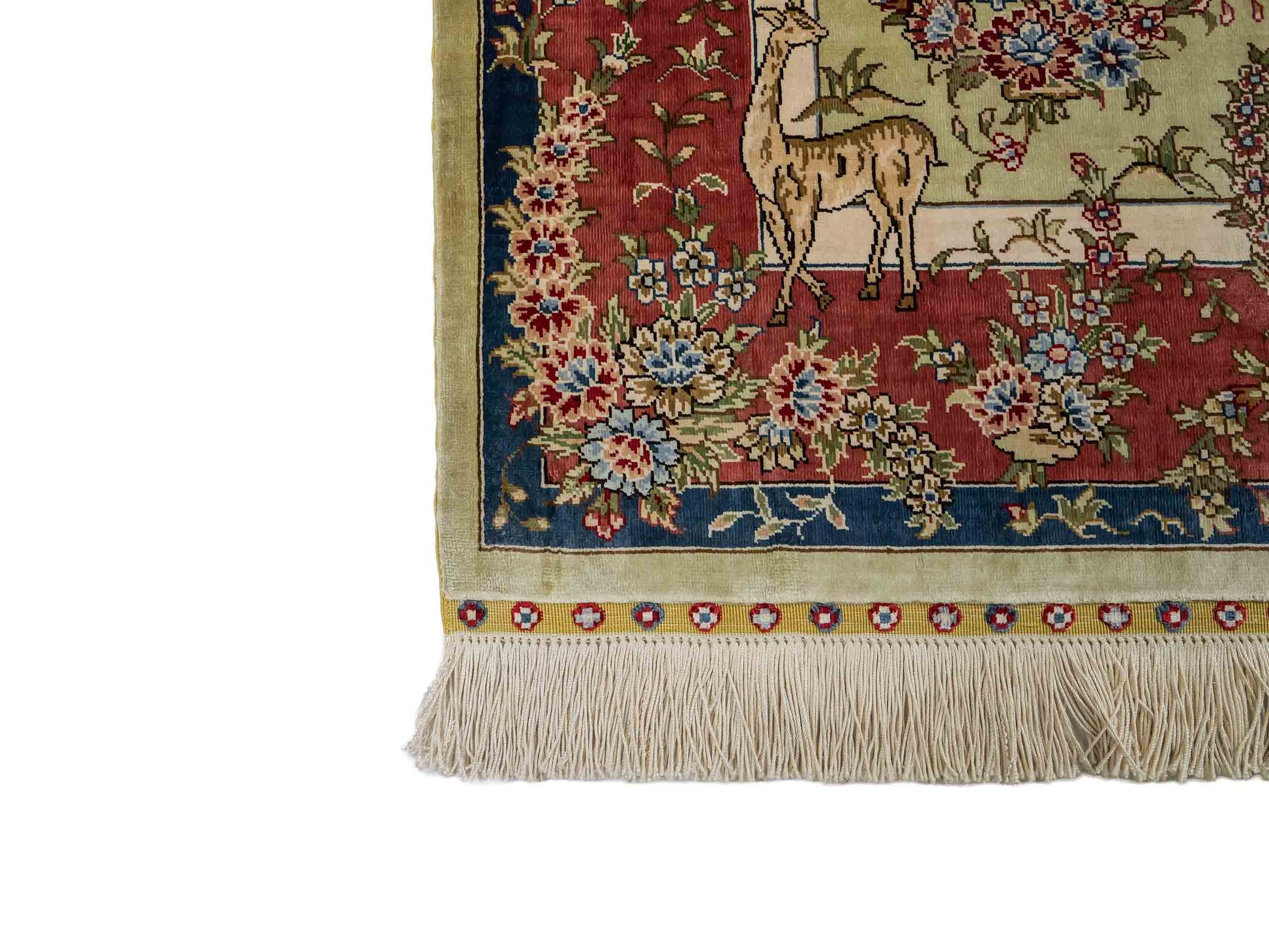 Sehr feiner, handgeknüpfter, chinesischer Ghom Orientteppich aus Seide, creme, rosa, blau. 140x93 cm. Verkauf durch Jupiter Intl.