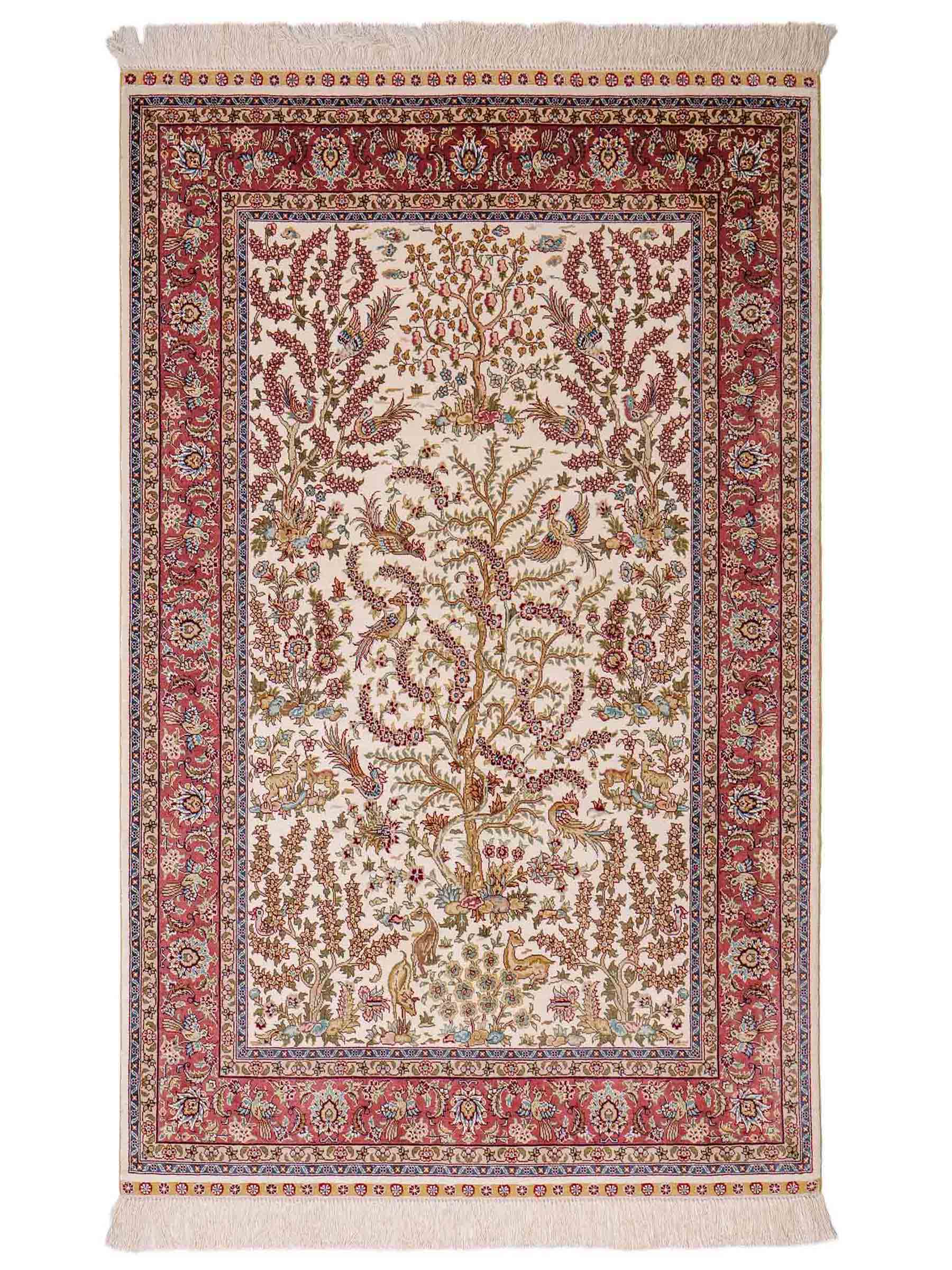 Sehr feiner, handgeknüpfter Khademi Orientteppich mit Ghom Design aus reiner Seide, creme, weiß, rosa. 140x94 cm. Vertrieb durch Jupiter Intl.