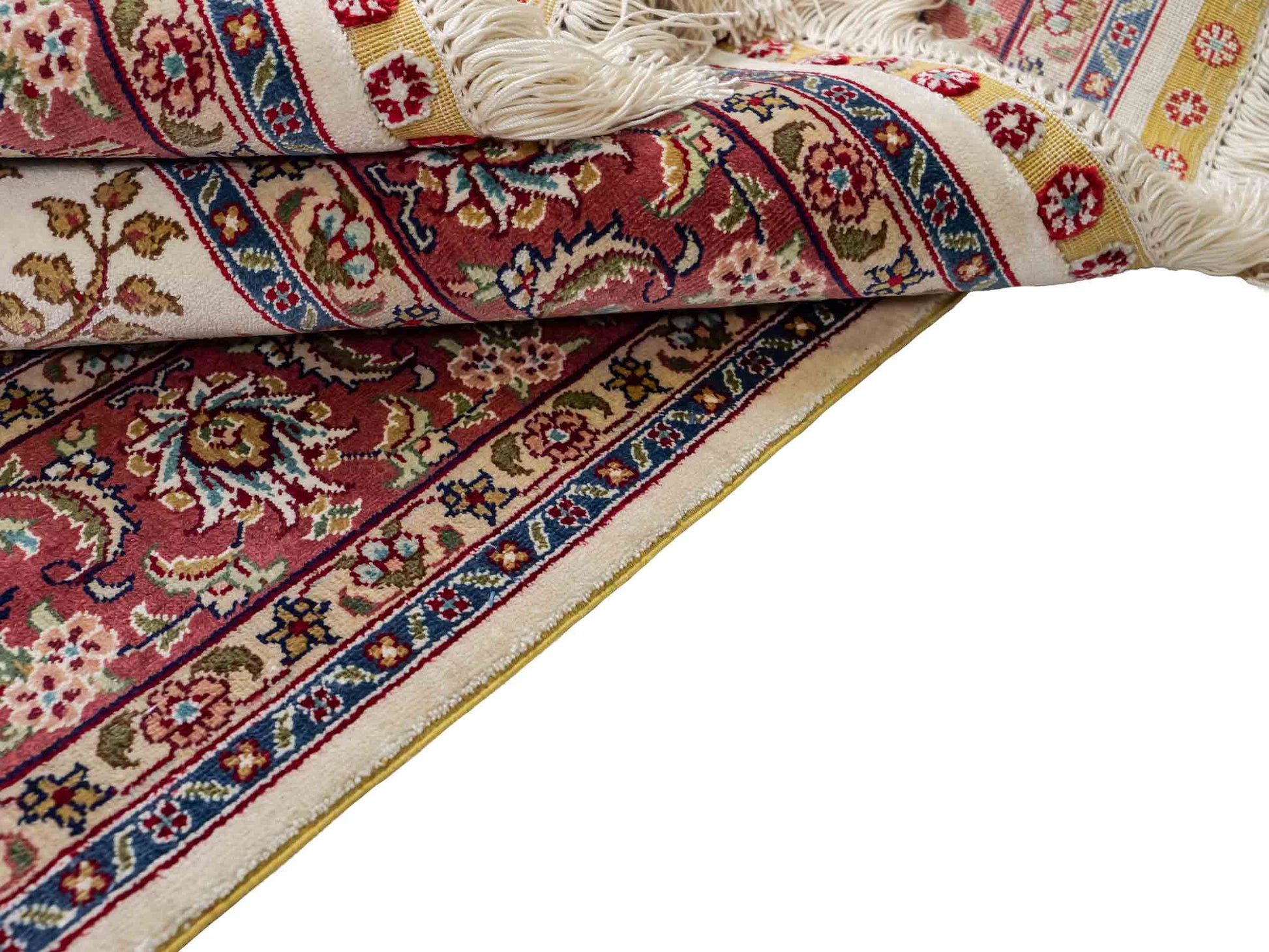 Sehr feiner, handgeknüpfter Khademi Orientteppich mit Ghom Design aus reiner Seide, creme, weiß, rosa. 140x94 cm. Vertrieb durch Jupiter Intl.
