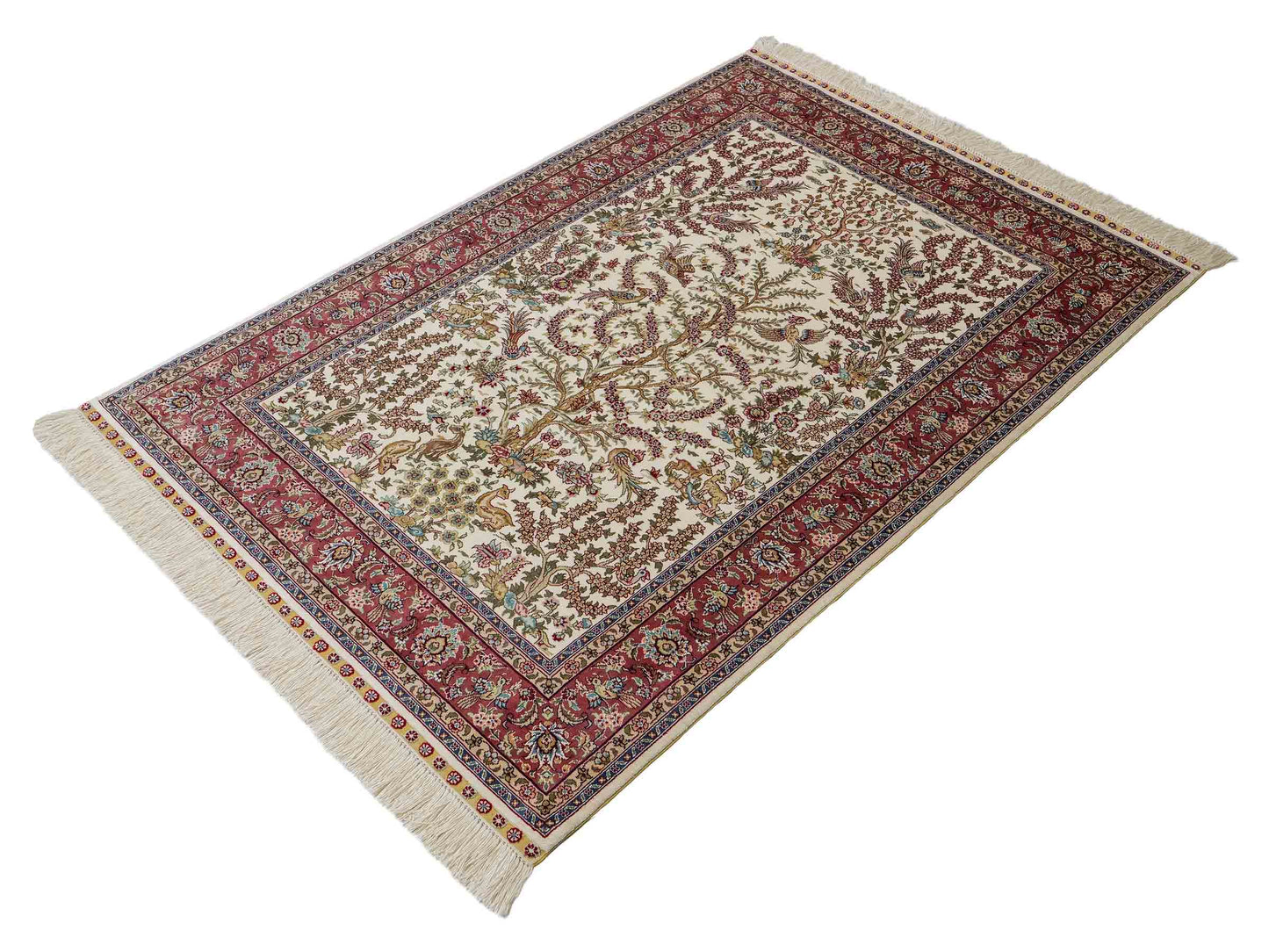 Sehr feiner, handgeknüpfter Khademi Orientteppich mit Ghom Design aus reiner Seide, creme, weiß, rosa. 140x94 cm. Vertrieb durch Jupiter Intl.