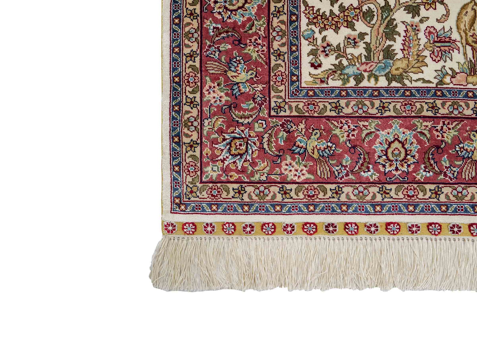 Sehr feiner, handgeknüpfter Khademi Orientteppich mit Ghom Design aus reiner Seide, creme, weiß, rosa. 140x94 cm. Vertrieb durch Jupiter Intl.