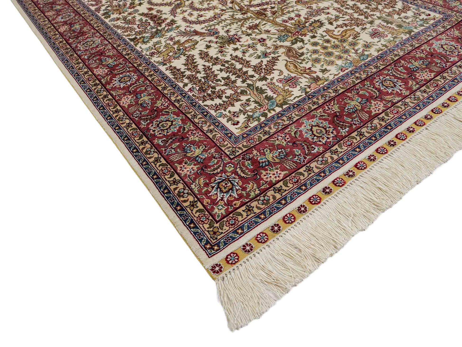 Sehr feiner, handgeknüpfter Khademi Orientteppich mit Ghom Design aus reiner Seide, creme, weiß, rosa. 140x94 cm. Vertrieb durch Jupiter Intl.
