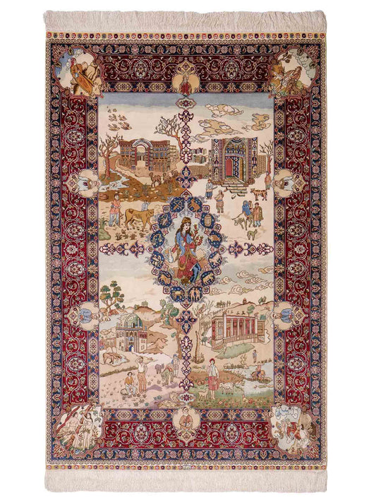 Sehr feiner, handgeknüpfter Khademi Orientteppich mit Ghom Design aus Seide, creme, rot, blau. 140x94 cm. Vertrieb durch Jupiter Intl.