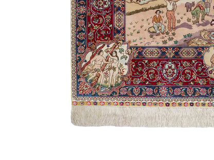 Sehr feiner, handgeknüpfter Khademi Orientteppich mit Ghom Design aus Seide, creme, rot, blau. 140x94 cm. Vertrieb durch Jupiter Intl.
