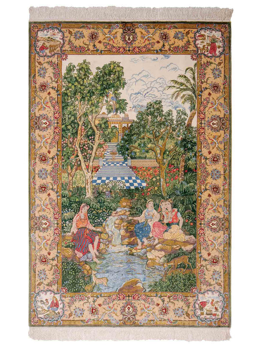 Sehr feiner, handgeknüpfter Khademi Orientteppich mit Ghom Design aus reiner Seide, grün, multicolor. 140x95 cm. Vertrieb durch Jupiter Intl.