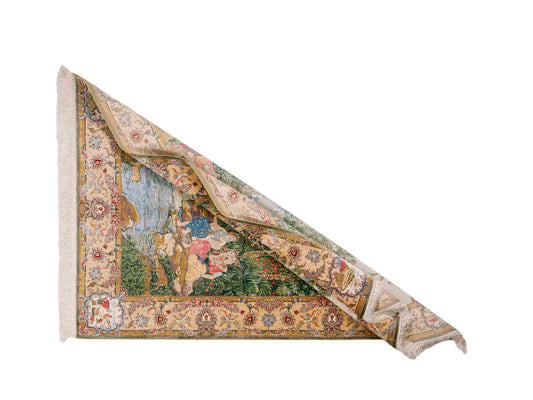Sehr feiner, handgeknüpfter Khademi Orientteppich mit Ghom Design aus reiner Seide, grün, multicolor. 140x95 cm. Vertrieb durch Jupiter Intl.