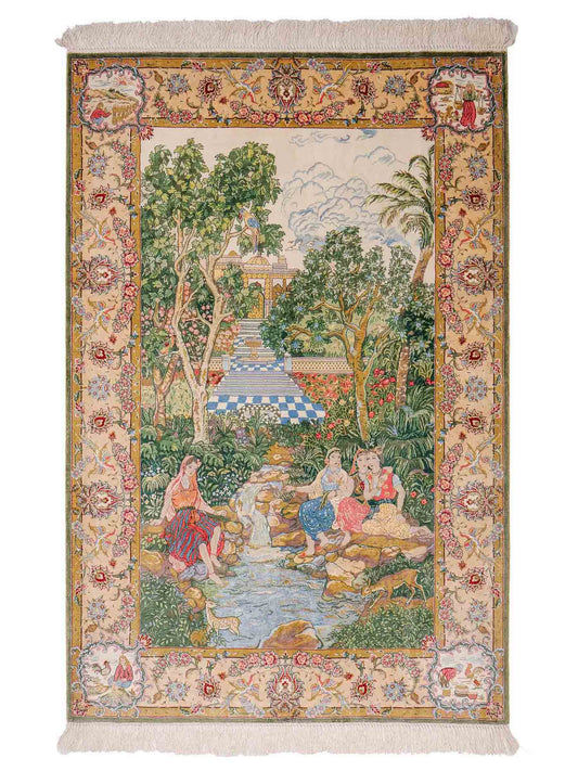 Sehr feiner, handgeknüpfter Khademi Ghom Orientteppich aus Seide, grün. 140x95 cm. Vertrieb durch Jupiter Intl.