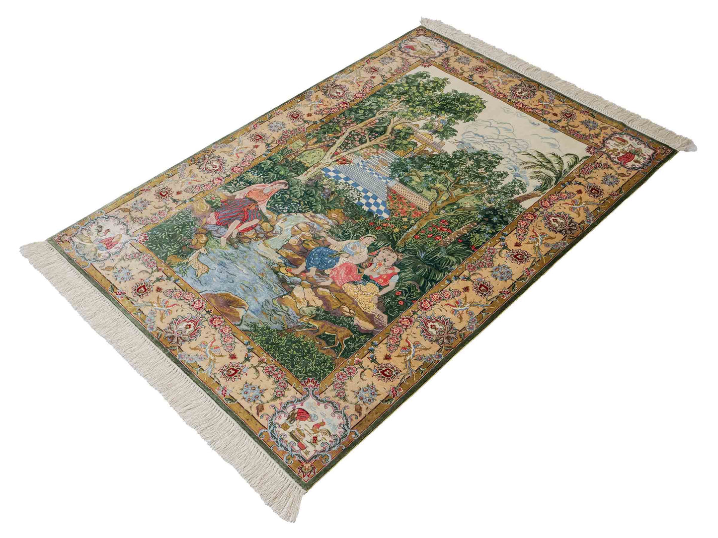 Sehr feiner, handgeknüpfter Khademi Ghom Orientteppich aus Seide, grün. 140x95 cm. Vertrieb durch Jupiter Intl.