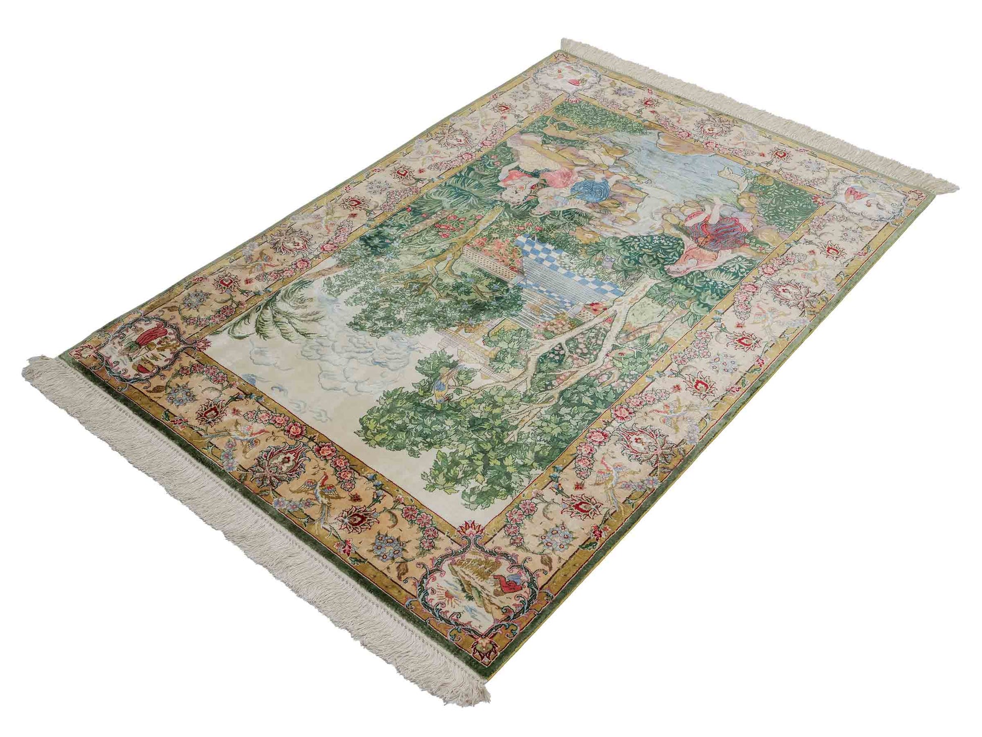 Sehr feiner, handgeknüpfter Khademi Ghom Orientteppich aus Seide, grün. 140x95 cm. Vertrieb durch Jupiter Intl.