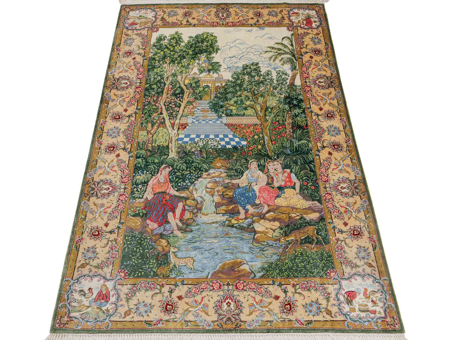 Sehr feiner, handgeknüpfter Khademi Ghom Orientteppich aus Seide, grün. 140x95 cm. Vertrieb durch Jupiter Intl.