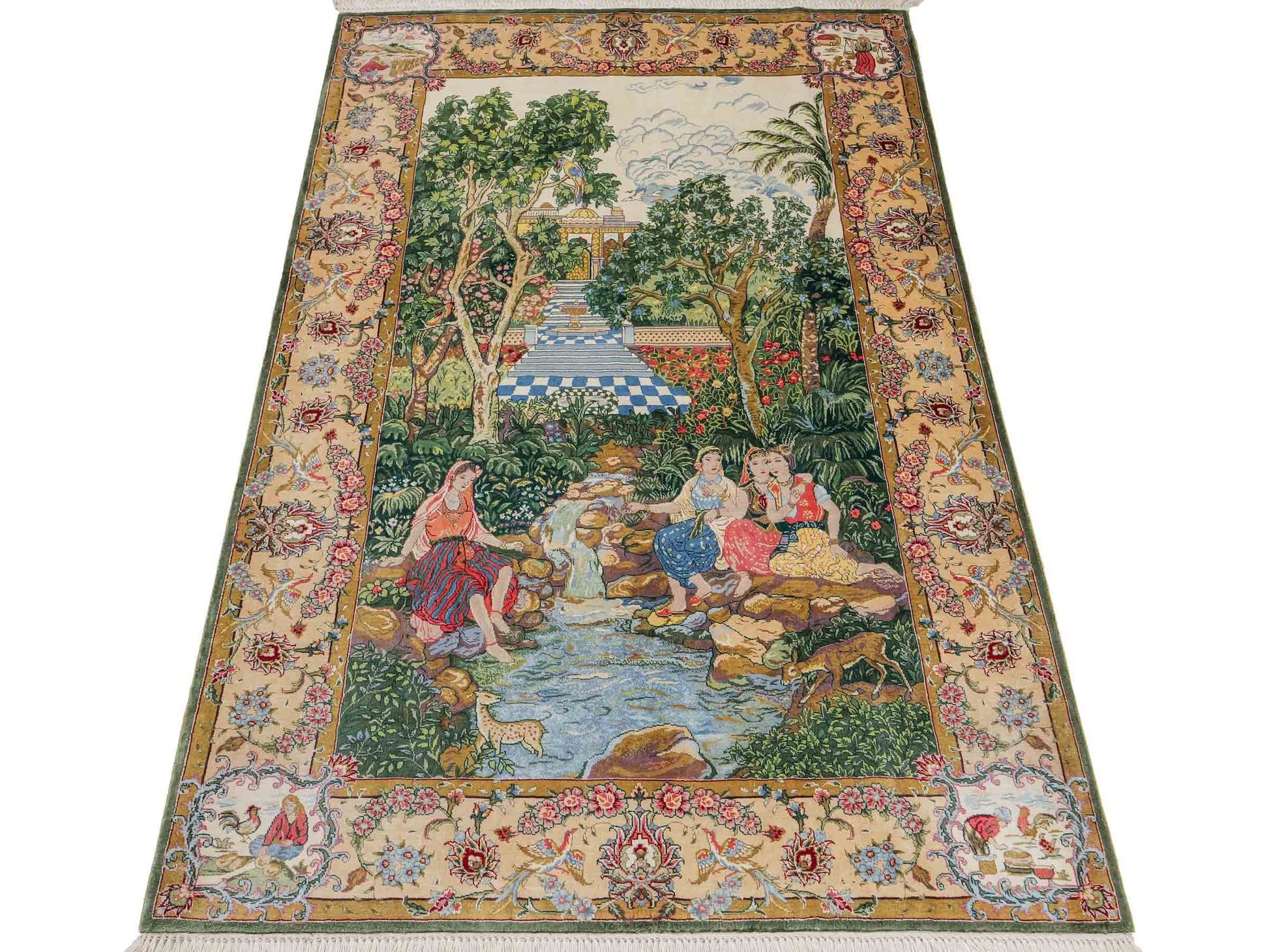 Sehr feiner, handgeknüpfter Khademi Ghom Orientteppich aus Seide, grün. 140x95 cm. Vertrieb durch Jupiter Intl.