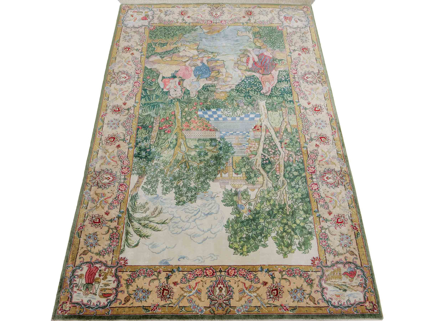 Sehr feiner, handgeknüpfter Khademi Ghom Orientteppich aus Seide, grün. 140x95 cm. Vertrieb durch Jupiter Intl.
