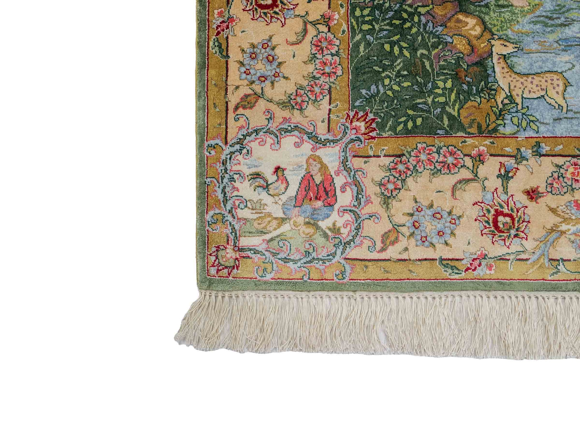 Sehr feiner, handgeknüpfter Khademi Ghom Orientteppich aus Seide, grün. 140x95 cm. Vertrieb durch Jupiter Intl.