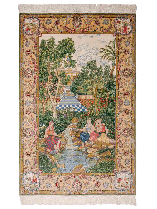 Sehr feiner, handgeknüpfter Khademi Orientteppich mit Ghom Design aus reiner Seide, grün, multicolor. 141x94 cm. Vertrieb durch Jupiter Intl.