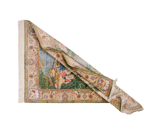 Sehr feiner, handgeknüpfter Khademi Orientteppich mit Ghom Design aus reiner Seide, grün, multicolor. 141x94 cm. Vertrieb durch Jupiter Intl.