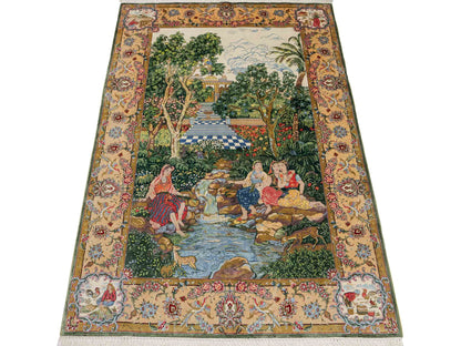 Sehr feiner, handgeknüpfter Khademi Orientteppich mit Ghom Design aus reiner Seide, grün, multicolor. 141x94 cm. Vertrieb durch Jupiter Intl.