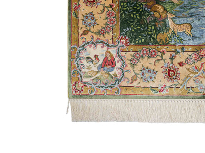 Sehr feiner, handgeknüpfter Khademi Orientteppich mit Ghom Design aus reiner Seide, grün, multicolor. 141x94 cm. Vertrieb durch Jupiter Intl.