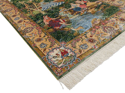 Sehr feiner, handgeknüpfter Khademi Orientteppich mit Ghom Design aus reiner Seide, grün, multicolor. 141x94 cm. Vertrieb durch Jupiter Intl.