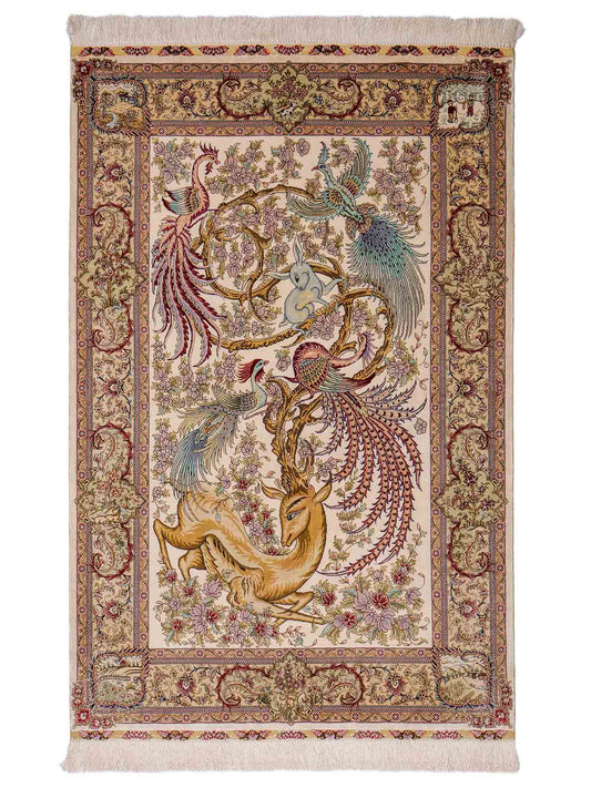 Sehr feiner, handgeknüpfter Khademi Orientteppich mit Ghom Design aus reiner Seide, creme, weiß, braun. 143x94 cm. Vertrieb durch Jupiter Intl.