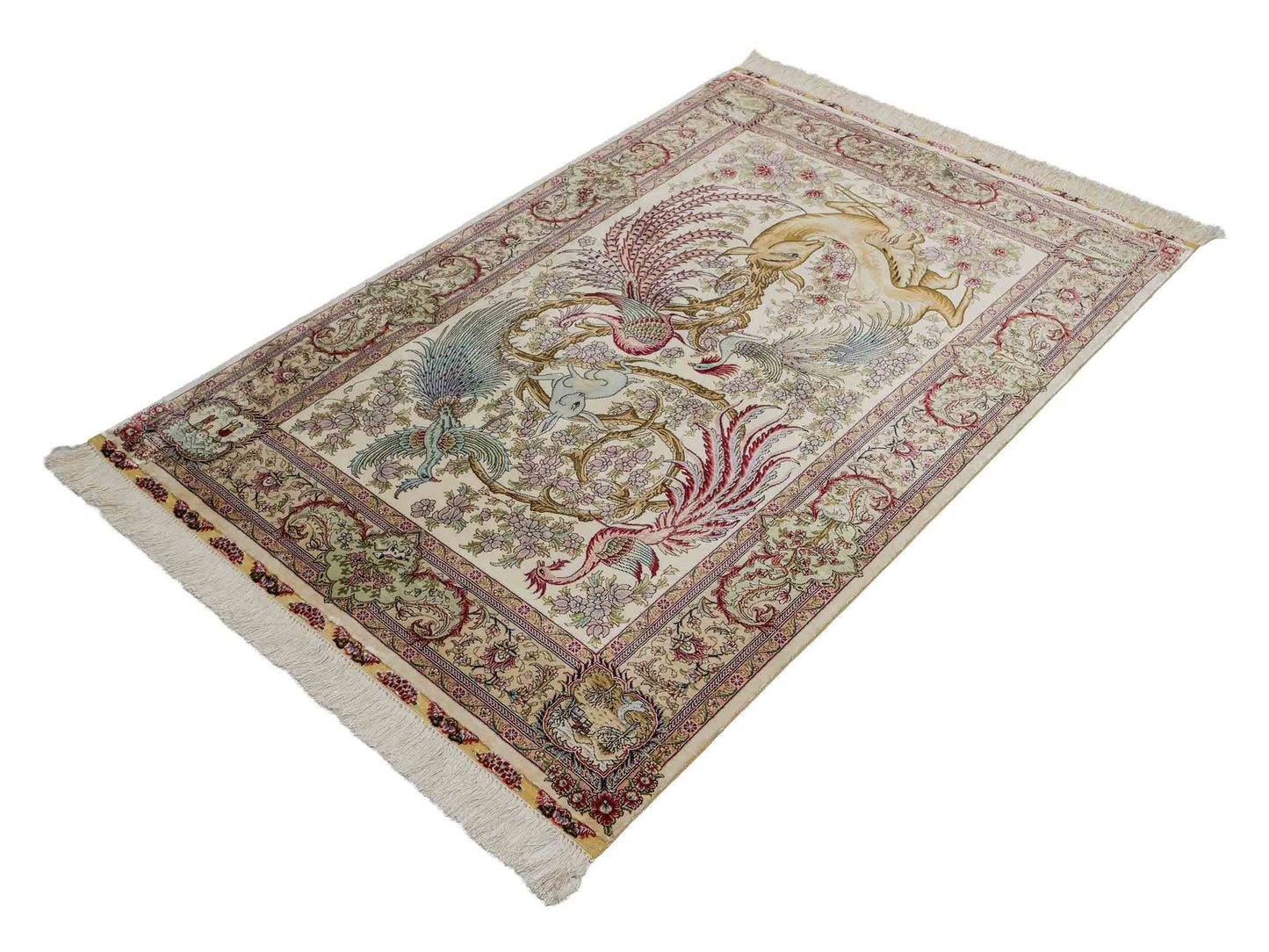 Sehr feiner, handgeknüpfter Khademi Orientteppich mit Ghom Design aus reiner Seide, creme, weiß, braun. 143x94 cm. Vertrieb durch Jupiter Intl.