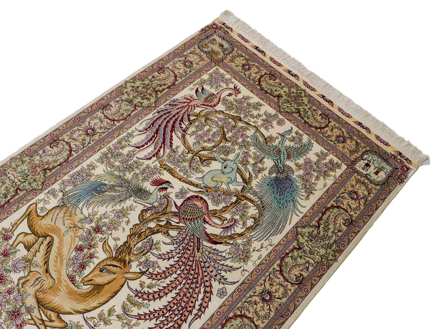 Sehr feiner, handgeknüpfter Khademi Orientteppich mit Ghom Design aus reiner Seide, creme, weiß, braun. 143x94 cm. Vertrieb durch Jupiter Intl.