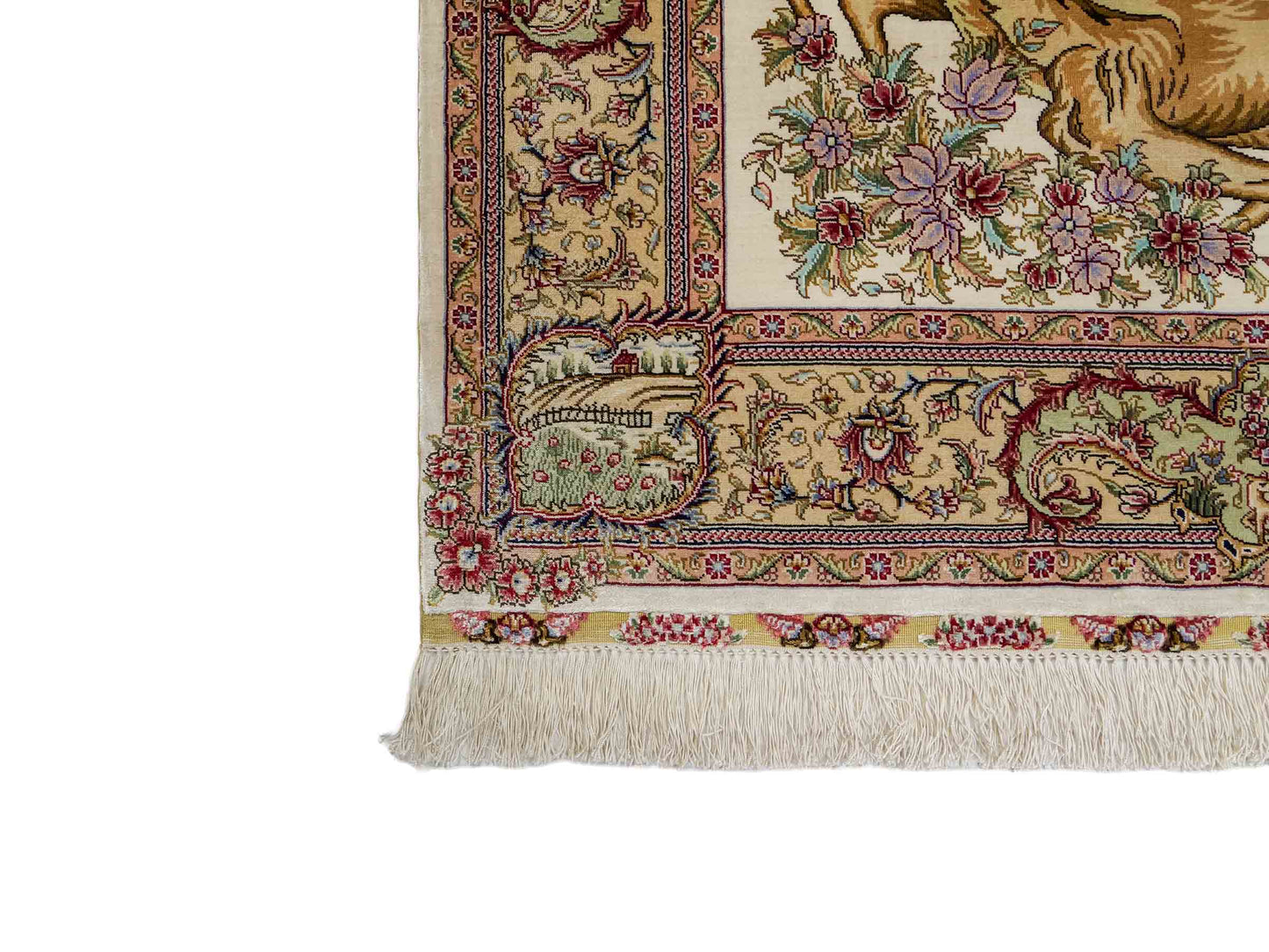 Sehr feiner, handgeknüpfter Khademi Orientteppich mit Ghom Design aus reiner Seide, creme, weiß, braun. 143x94 cm. Vertrieb durch Jupiter Intl.