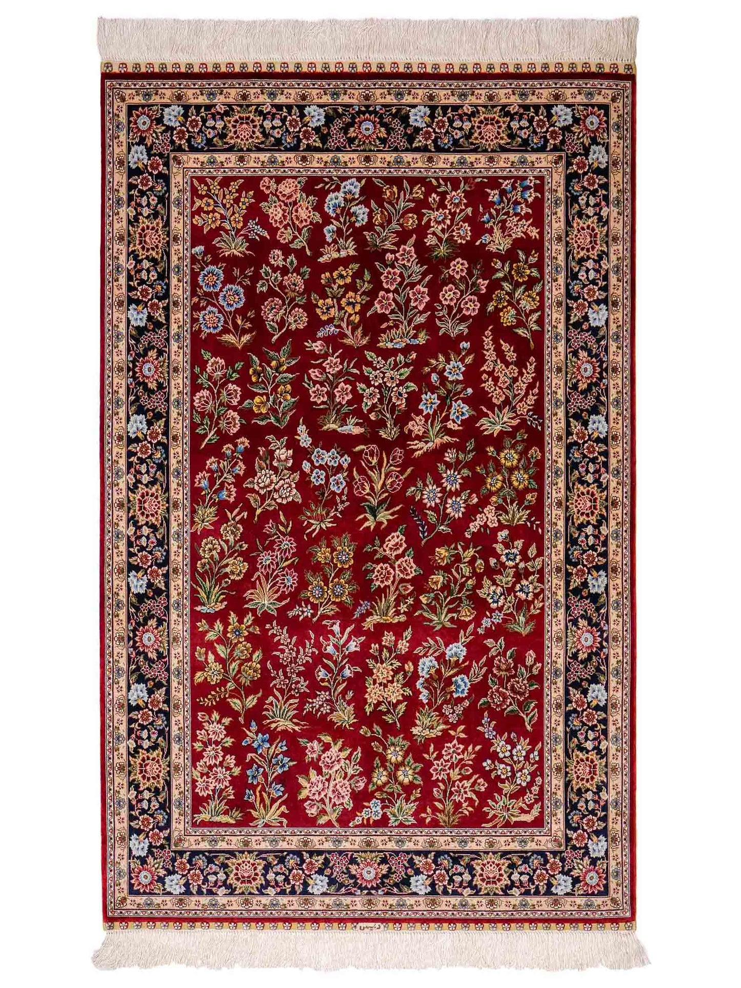Sehr feiner, handgeknüpfter Khademi Orientteppich mit Ghom Design aus reiner Seide, rot, blau. 143x94 cm. Vertrieb durch Jupiter Intl.