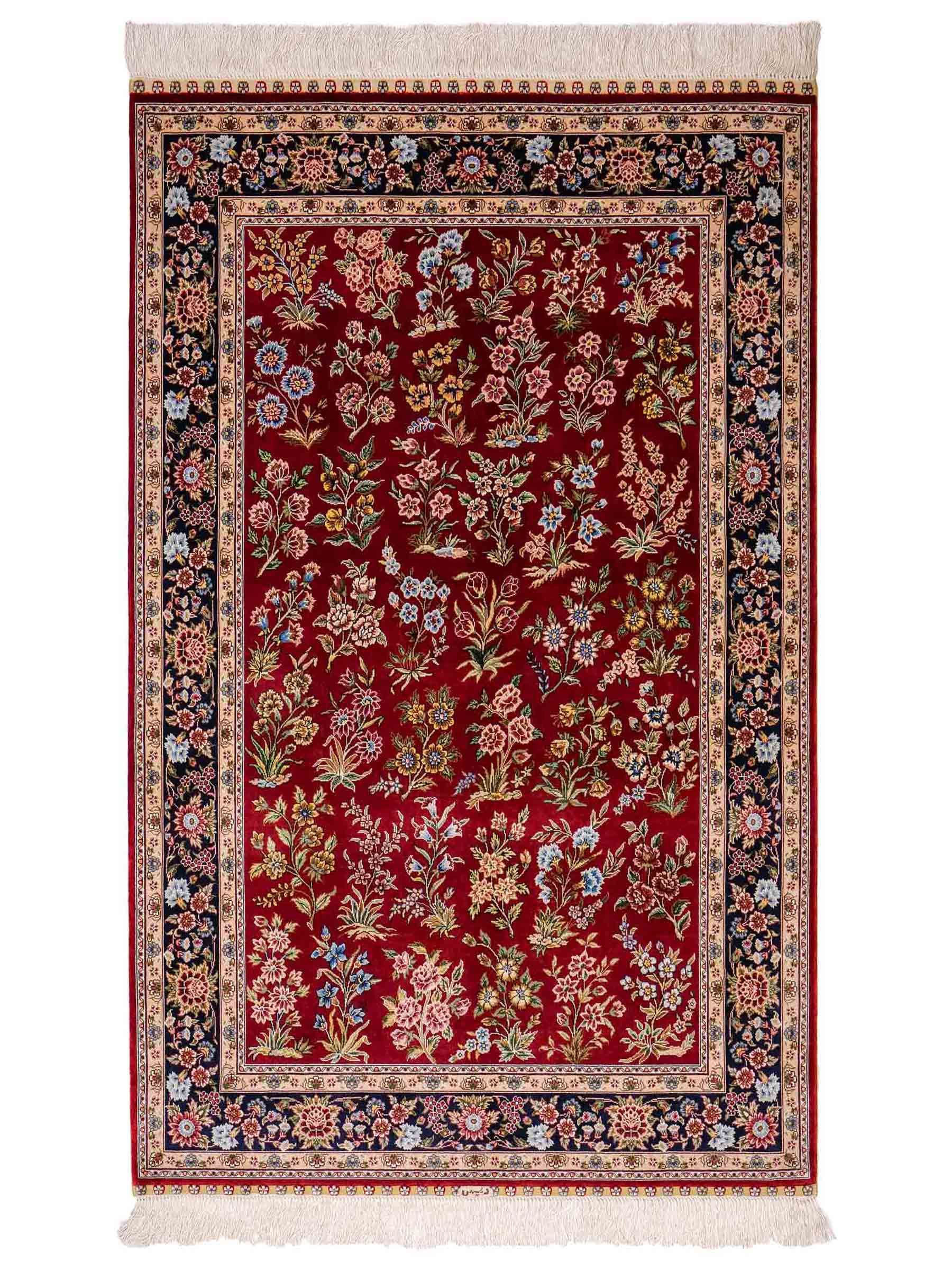 Sehr feiner, handgeknüpfter Khademi Orientteppich mit Ghom Design aus reiner Seide, rot, blau. 143x94 cm. Vertrieb durch Jupiter Intl.