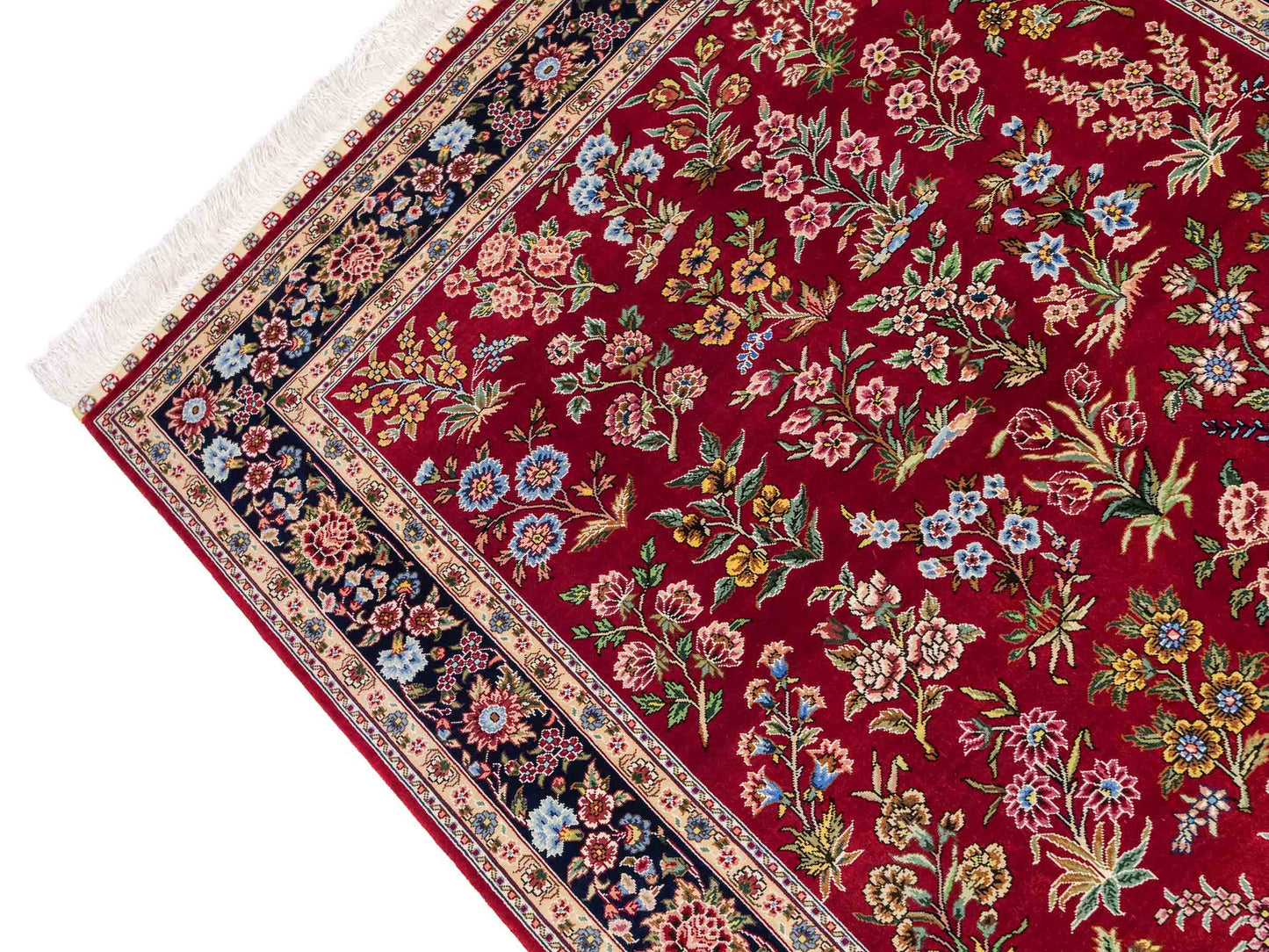 Sehr feiner, handgeknüpfter Khademi Orientteppich mit Ghom Design aus reiner Seide, rot, blau. 143x94 cm. Vertrieb durch Jupiter Intl.