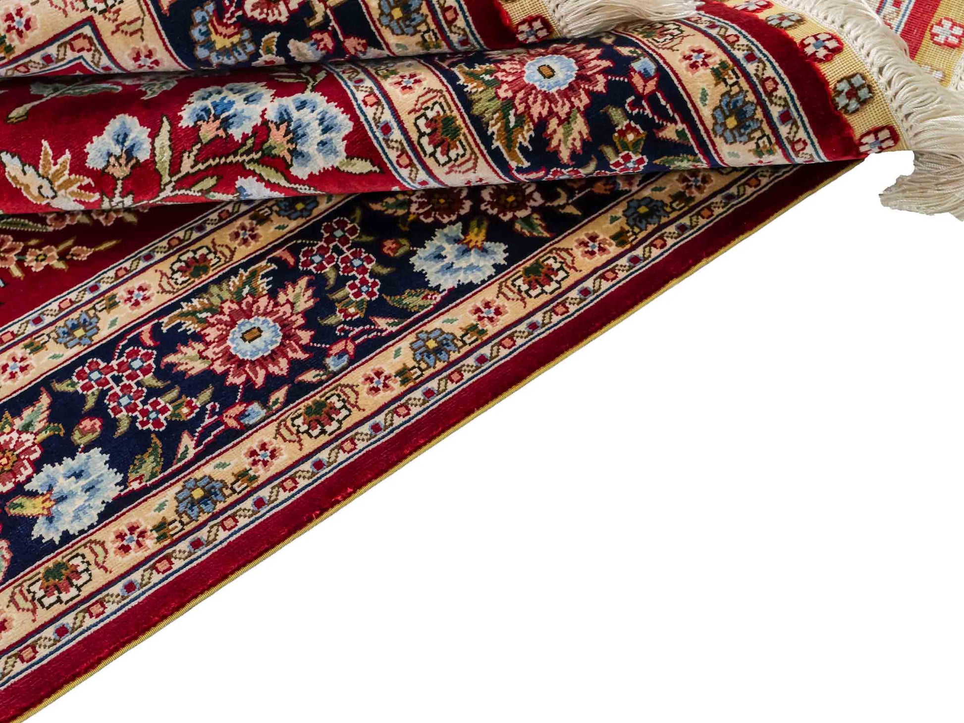 Sehr feiner, handgeknüpfter Khademi Orientteppich mit Ghom Design aus reiner Seide, rot, blau. 143x94 cm. Vertrieb durch Jupiter Intl.