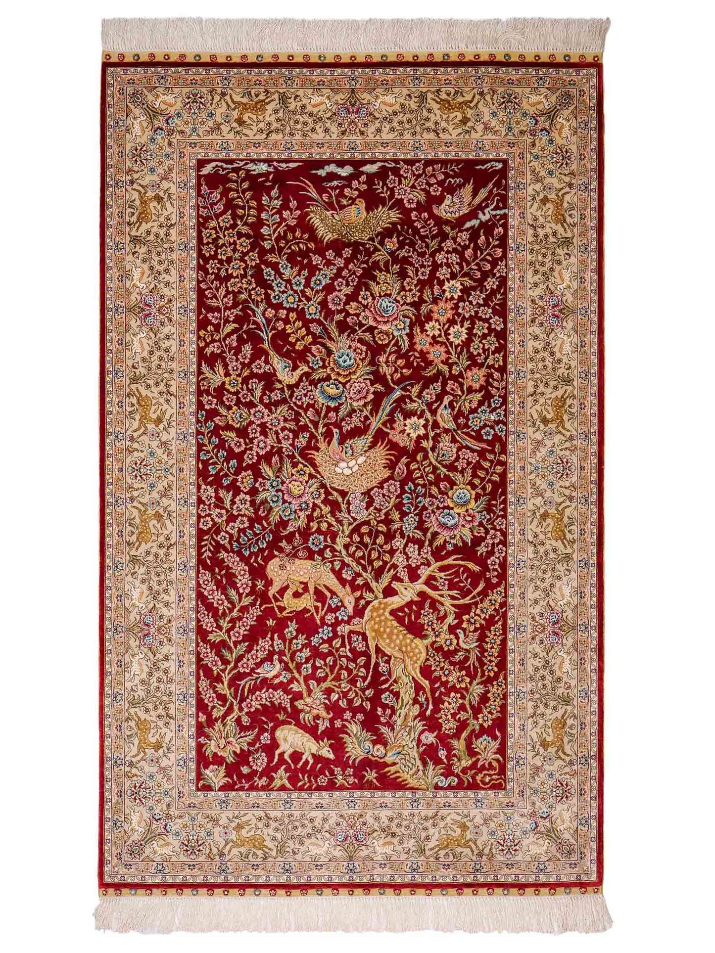 Sehr feiner, handgeknüpfter Khademi Orientteppich mit Ghom Design aus reiner Seide, rot, beige, creme. 153x95 cm. Vertrieb durch Jupiter Intl.
