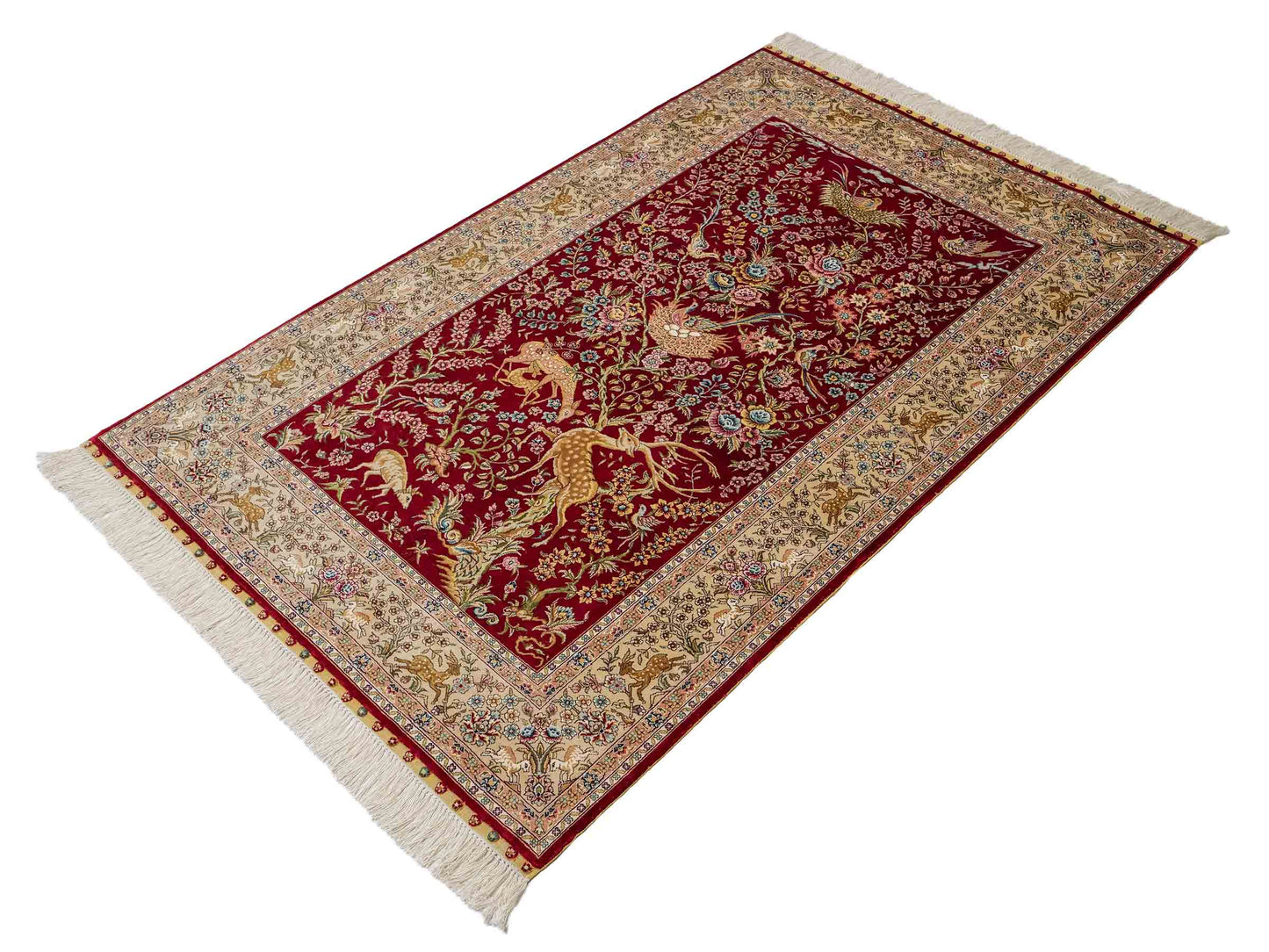 Sehr feiner, handgeknüpfter Khademi Orientteppich mit Ghom Design aus reiner Seide, rot, beige, creme. 153x95 cm. Vertrieb durch Jupiter Intl.