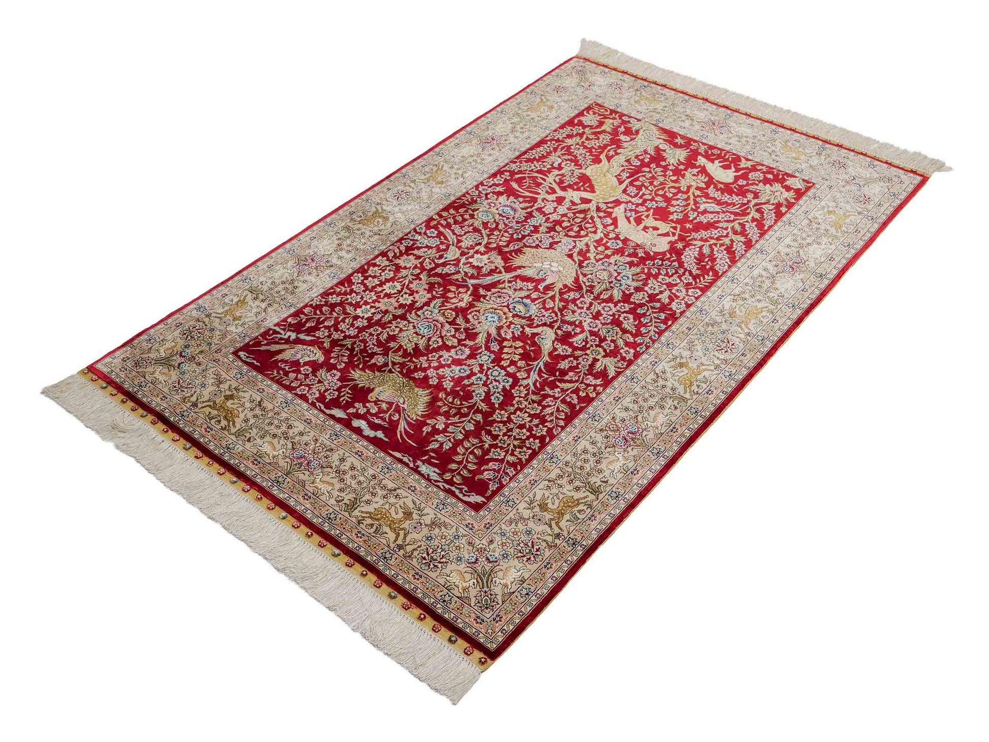 Sehr feiner, handgeknüpfter Khademi Orientteppich mit Ghom Design aus reiner Seide, rot, beige, creme. 153x95 cm. Vertrieb durch Jupiter Intl.
