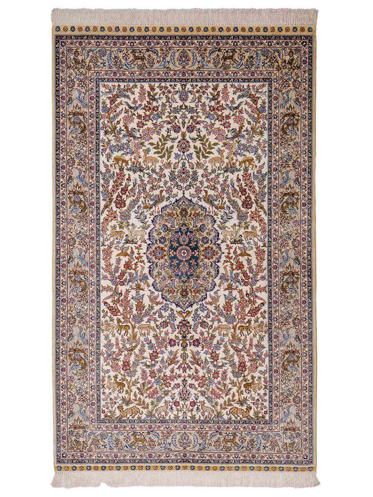 Sehr feiner, handgeknüpfter Khademi Ghom Orientteppich aus Seide, weiß, blau. 154x94 cm. Vertrieb durch Jupiter Intl.