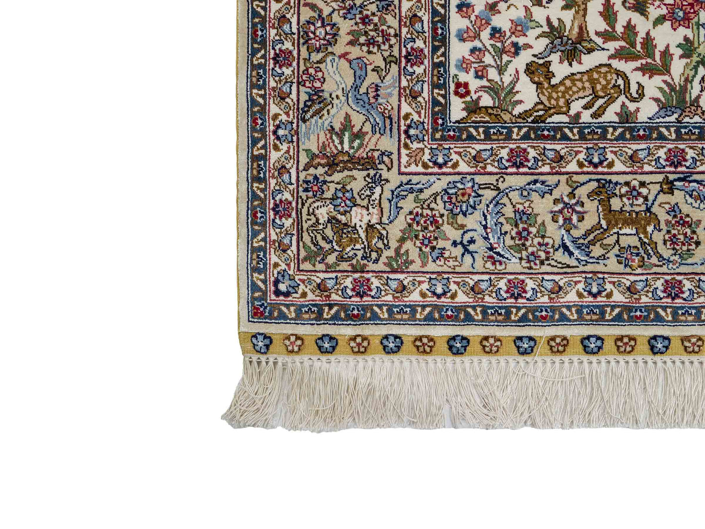 Sehr feiner, handgeknüpfter Khademi Ghom Orientteppich aus Seide, weiß, blau. 154x94 cm. Vertrieb durch Jupiter Intl.