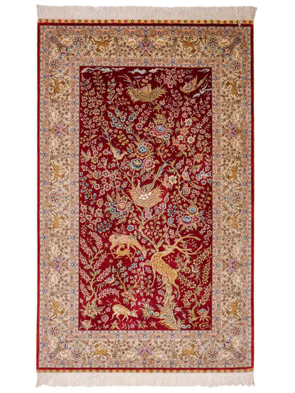 Sehr feiner, handgeknüpfter, chinesischer Khademi Ghom Orientteppich aus Seide, rot, creme. 154x94 cm. Vertrieb durch Jupiter Intl.