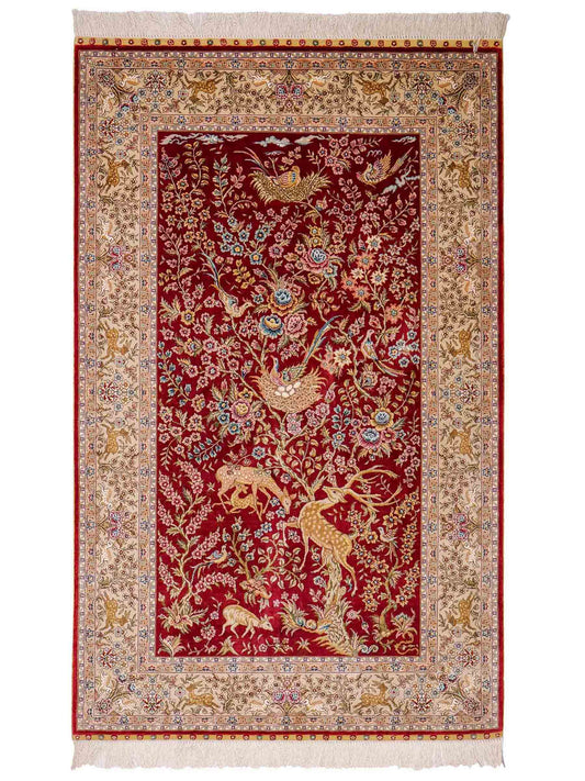 Sehr feiner, handgeknüpfter, chinesischer Khademi Ghom Orientteppich aus Seide, rot, creme. 154x94 cm. Vertrieb durch Jupiter Intl.