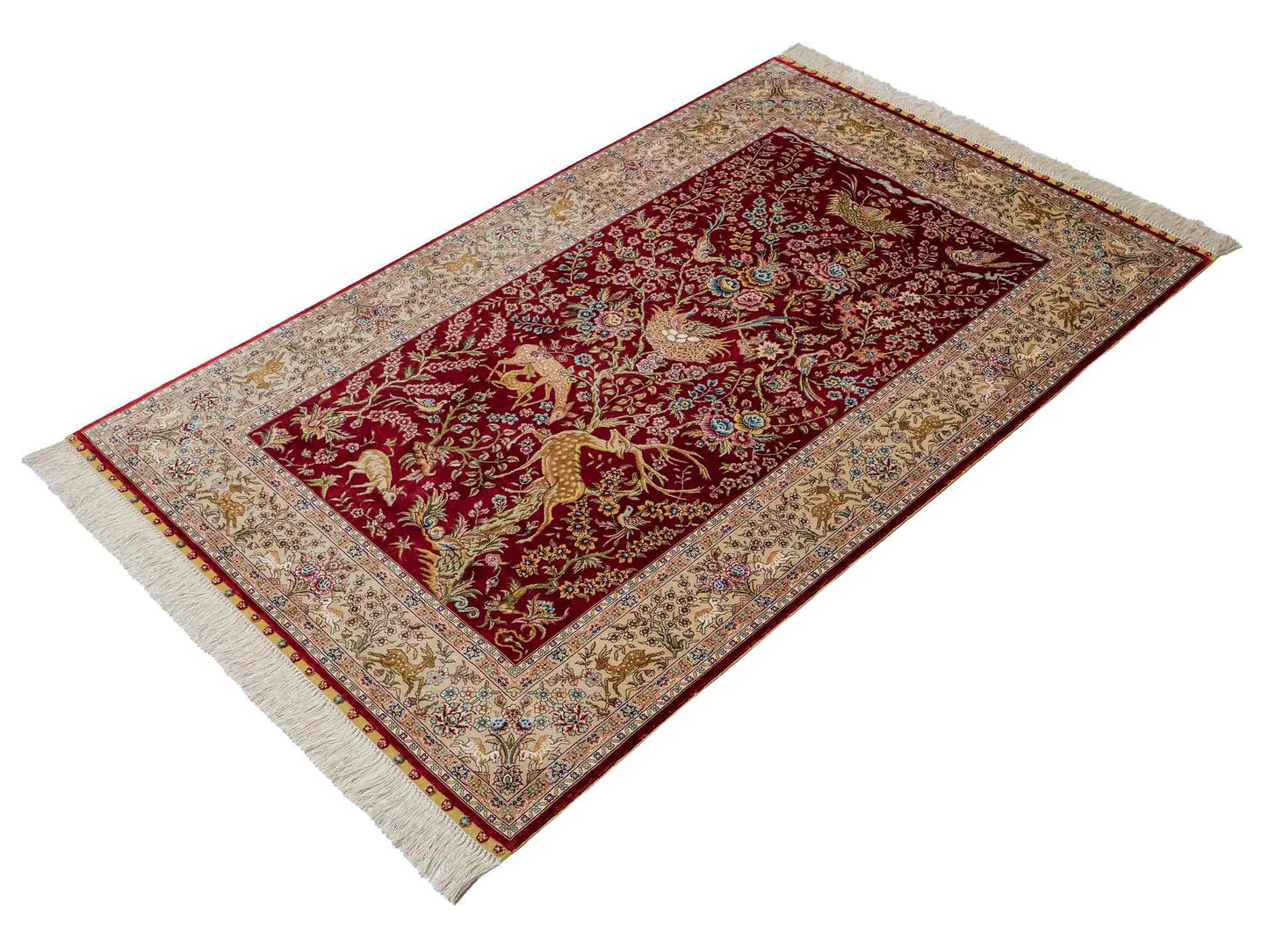 Sehr feiner, handgeknüpfter, chinesischer Khademi Ghom Orientteppich aus Seide, rot, creme. 154x94 cm. Vertrieb durch Jupiter Intl.