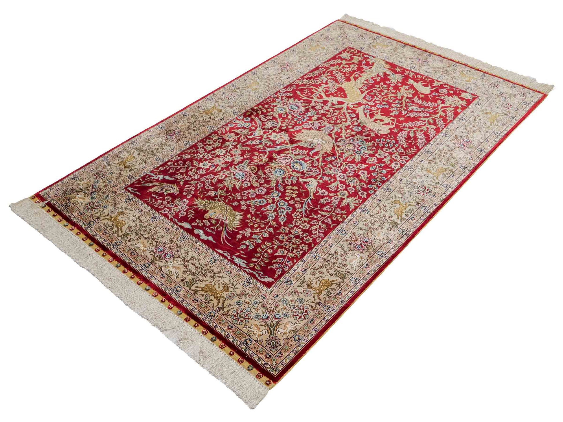 Sehr feiner, handgeknüpfter, chinesischer Khademi Ghom Orientteppich aus Seide, rot, creme. 154x94 cm. Vertrieb durch Jupiter Intl.