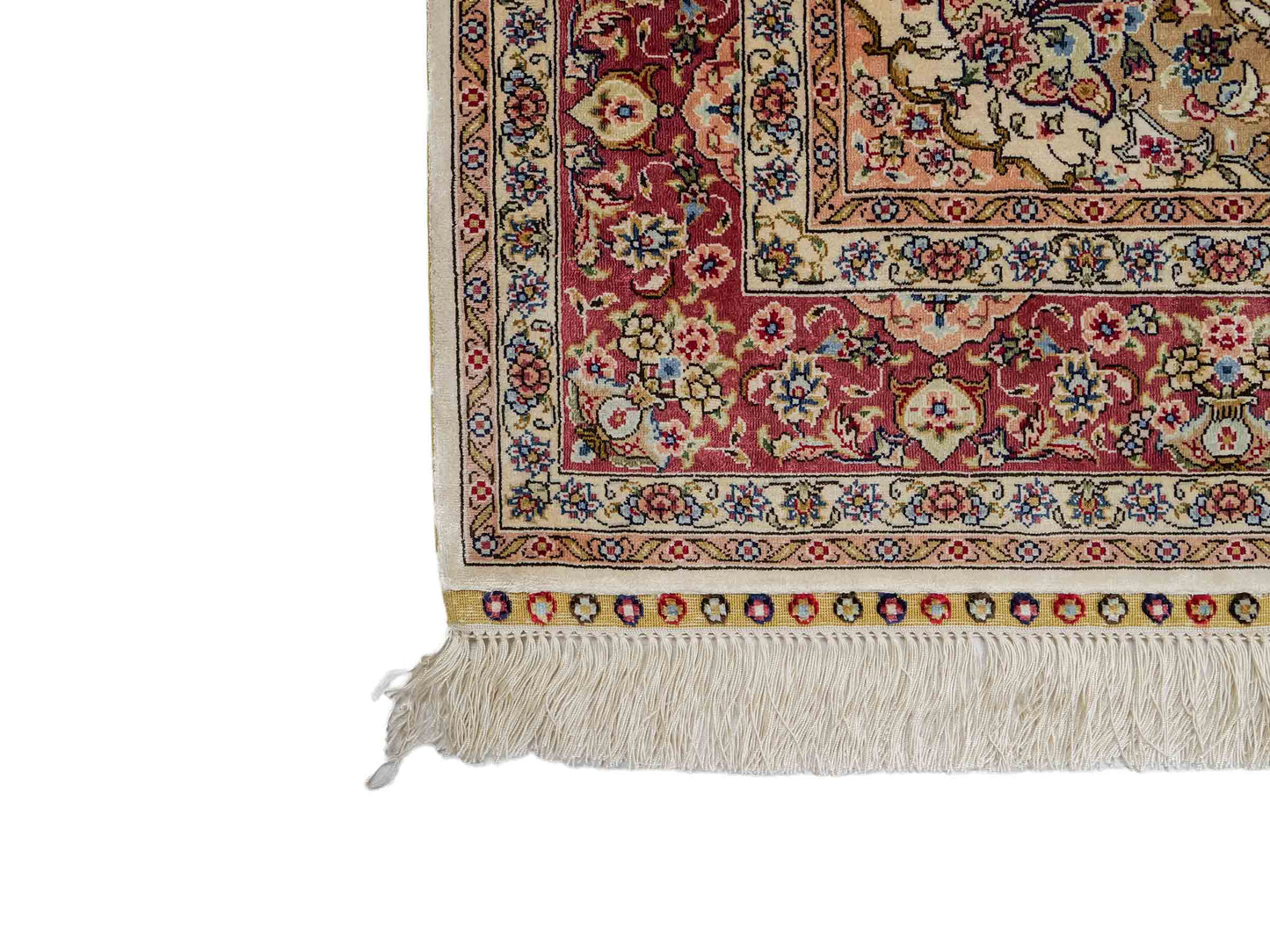 Sehr feiner, handgeknüpfter Khademi Ghom Orientteppich aus Seide, creme, rosa. 154x95 cm. Vertrieb durch Jupiter Intl.