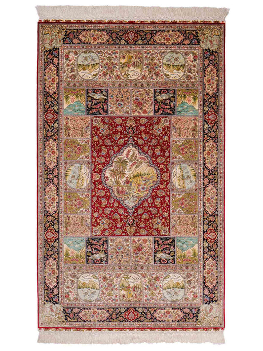 Extrem feiner, handgeknüpfter Khademi Ghom Orientteppich aus Seide, rot, blau, multicolor. 155x93 cm. Vertrieb durch Jupiter Intl.