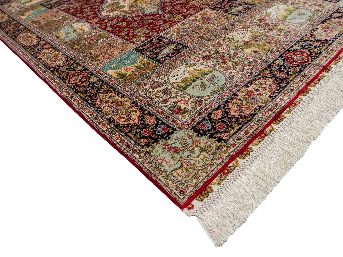 Extrem feiner, handgeknüpfter Khademi Ghom Orientteppich aus Seide, rot, blau, multicolor. 155x93 cm. Vertrieb durch Jupiter Intl.