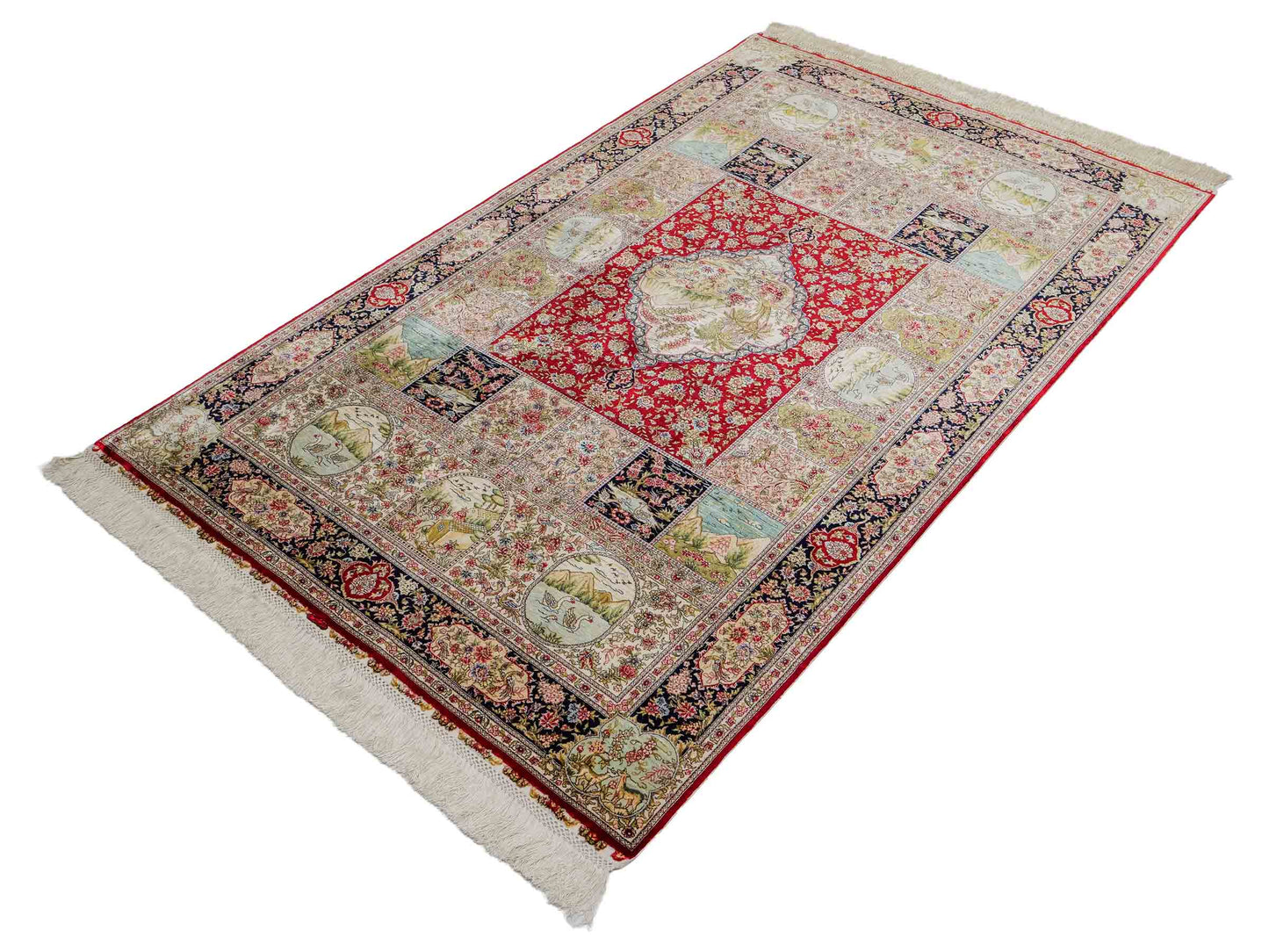 Extrem feiner, handgeknüpfter Khademi Ghom Orientteppich aus Seide, rot, blau, multicolor. 155x93 cm. Vertrieb durch Jupiter Intl.