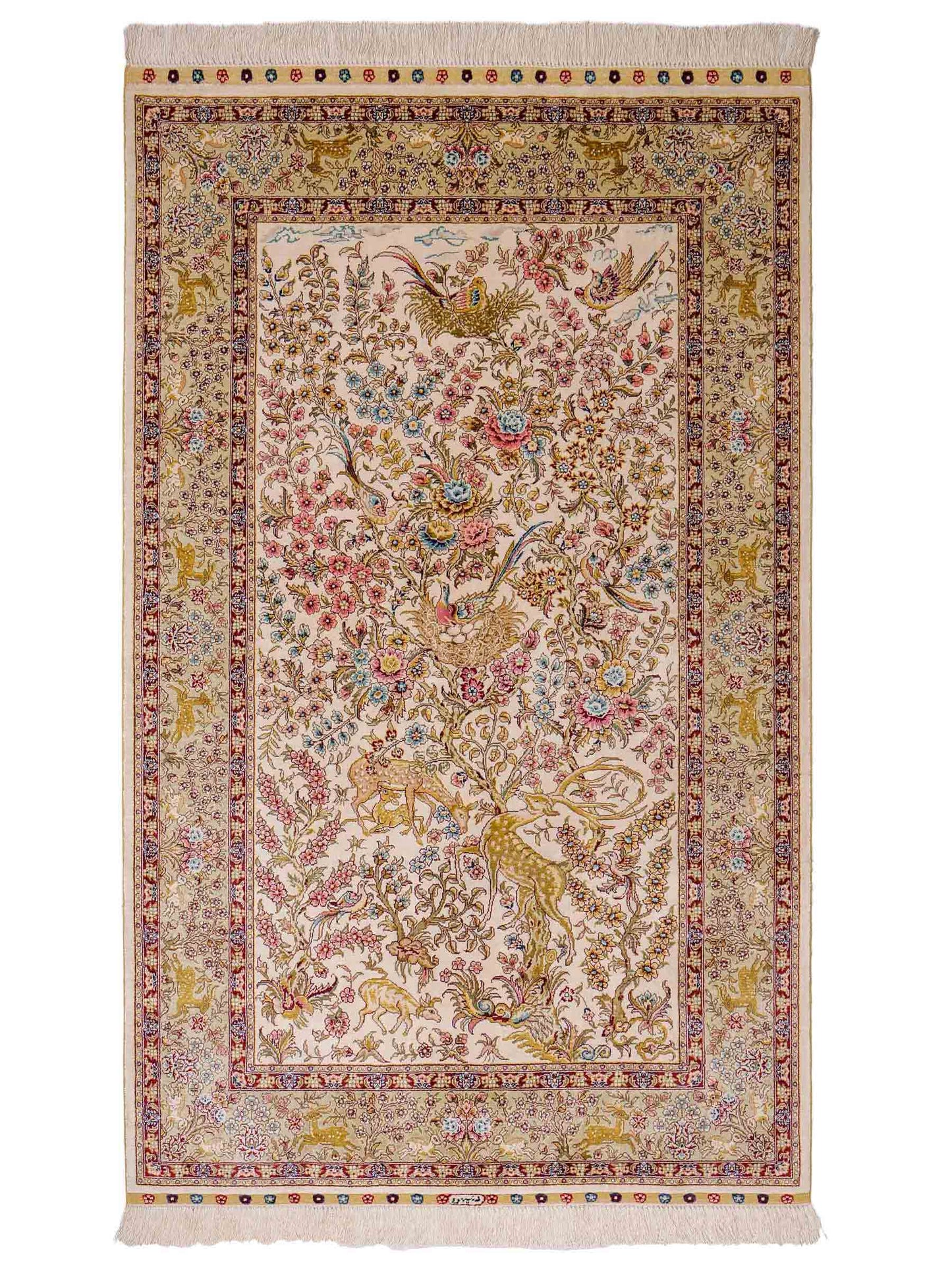 Sehr feiner, handgeknüpfter Khademi Orientteppich mit Ghom  Design aus reiner Seide, creme, weiß, beige. 155x95 cm. Vertrieb durch Jupiter Intl.