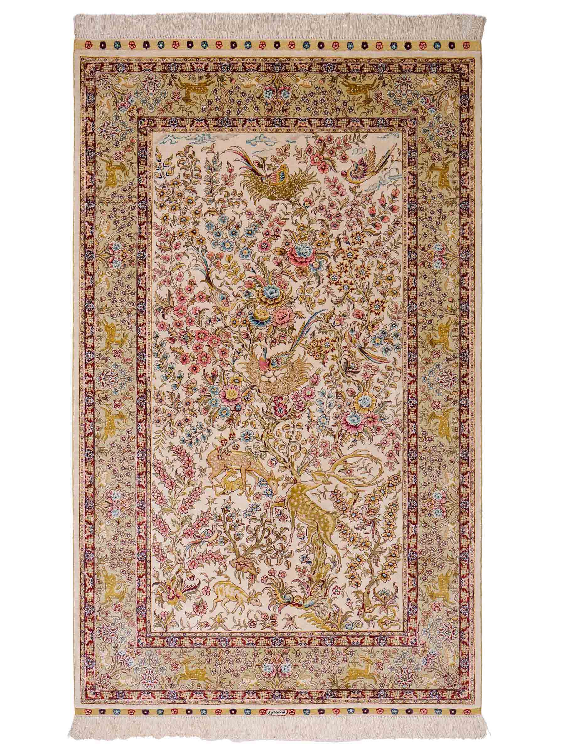 Sehr feiner, handgeknüpfter Khademi Orientteppich mit Ghom  Design aus reiner Seide, creme, weiß, beige. 155x95 cm. Vertrieb durch Jupiter Intl.
