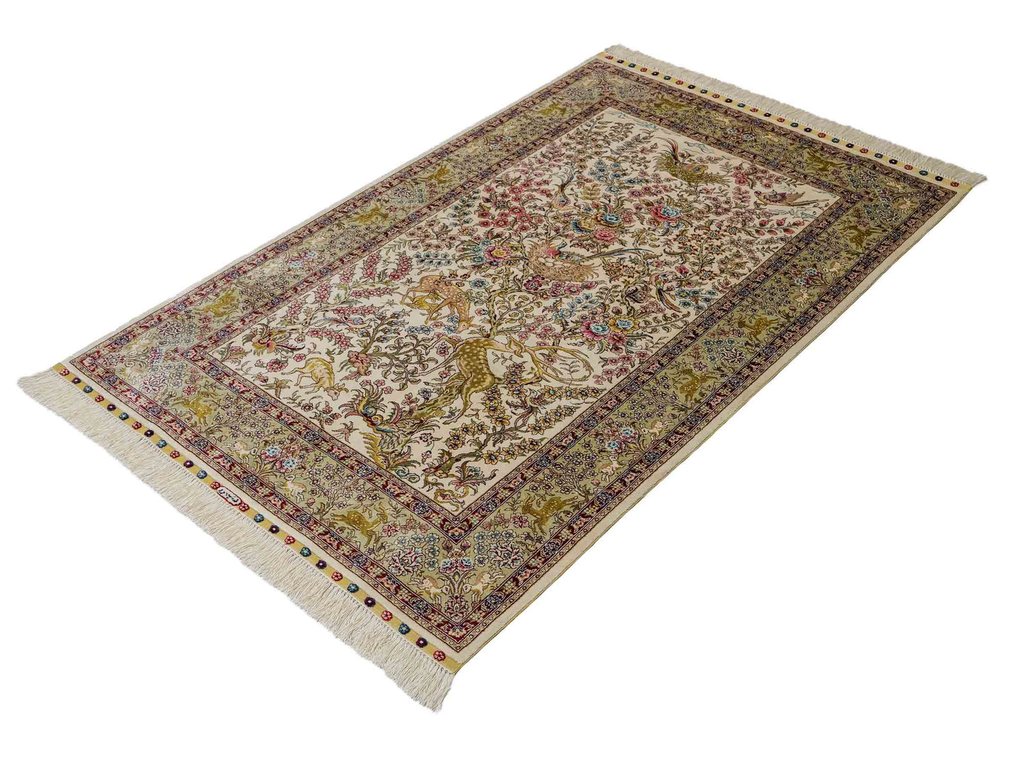 Sehr feiner, handgeknüpfter Khademi Orientteppich mit Ghom  Design aus reiner Seide, creme, weiß, beige. 155x95 cm. Vertrieb durch Jupiter Intl.